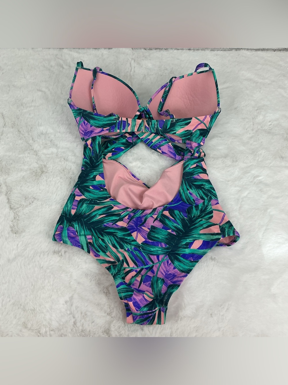 Shade and Shore Tropical Twist Cutout One-Piece Swimsuit in Green, purple & Pink - Picture 3 of 6
